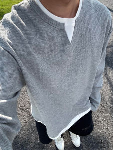 เสื้อยืดคอกลมแขนยาวสีเทาสไตล์อเมริกันสำหรับผู้ชาย เสื้อชั้นในลายสก็อต ทรงหลวม สวมใส่สบาย ผ้าฝ้ายผสมโพลีเอสเตอร์