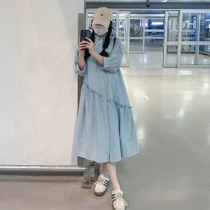 French Blue Shirt Dress Women Summer New Loose Casual Bump Covering Long Skirt Korean Style Button A-Line Midi Dress