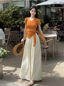 Korean Style Fashionable Soft Wind Summer 2025 Unique Versatile Short Sleeve Asymmetrical Top Casual Pants Two Piece Set