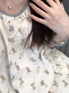 Ins Style Summer Cartoon Printed Sleepwear for Women Cute Moon Dog Design Sweet Home Clothes Mid to Long Length Pure Cotton