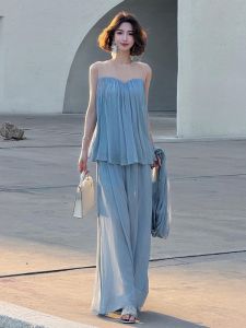SHANGSHA | Elegant And Stylish Rich Girl Feel Ladylike Blue Chiffon Outfit