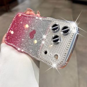 Luxury Gradient Diamond Glitter Love Heart Clear Case for iPhone 17 16 15 Pro Max 16 15 Pro 17 Wave Frame Lens Film Cover Funda