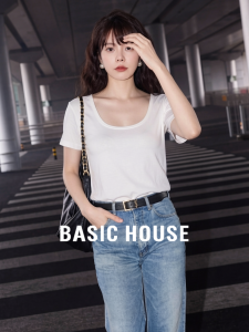 Basic House | U-neck Aesthetic Back Cotton T-shirt for Summer Wear
