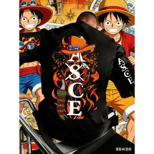 Bandai | One Piece Mens T-shirt Portgas D. Ace Anime Summer Boy Spring And Autumn Childrens Short Sleeves Parent-Child Wear Winter
