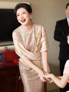 Elegant Young Mother Wedding Dress Qin Dang She Hao Brand round Collar Long Sleeveless Polyester Fiber Midi Qipao for Banquet