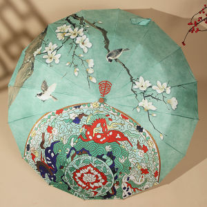 Peixin Retro Style Folding Umbrella 16 Ribs Wooden Handle Windproof Rainproof Three Fold Umbrella Chinese Painting Hanfu Trendy Umbrella