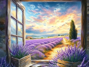 Huacan Full Diamond Painting Window Lavender Field Diamond Mosaic Landscape New Collection Wall Decor Gift