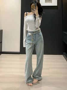 กางเกงยีนส์ทรงสลิมฟิตเอวสูงสไตล์เกาหลีสำหรับผู้หญิง กางเกงขายาวทรงหลวมอเนกประสงค์ ทรงหลวม ทรงหลวม ทรงหลวม