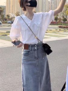 French Style Bubble Sleeve White Shirt Womens Summer Design Sensation Wooden Edge Ear Shirt Delicate Doll Collar Top