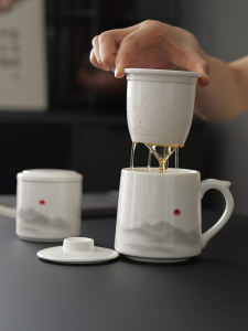 Office Use Ceramic Tea Cup Set with Filter Traditional Chinese Ink Wash Style Yangliyu Tea Water Separation Mugs Personal Use