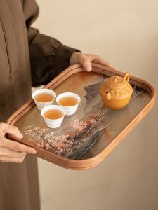 Retro Bamboo Tea Tray Japanese Style Glass Tea Plate Simple Home Use Tea Room Fruit Dim Sum Plate Storage Plate Hibiscus Flower