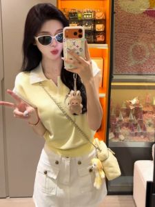 YUEZHONGWEI | Contrast Polo Collar Yellow Flutter Sleeve Ice Silk Knit Top