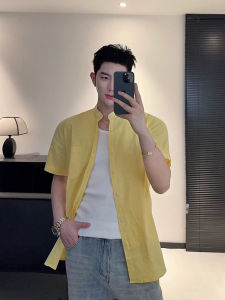 New 2025 Mens Short Sleeve Linen Shirt Cream Yellow Stand Collar Casual Fashionable Summer Loose Fit Regular Thickness