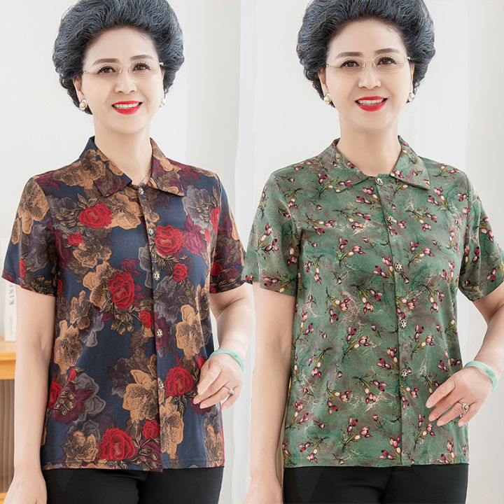 เสื้อเบลาส์ผ้าไหมผ้าฝ้ายสําหรับผู้หญิงวัยกลางคนและผู้สูงอายุแฟชั่นฤดู ...