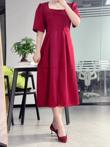 Womens French Romantic Large Skirt Pleated Dress High-end Simple Temperament Evening Dress Puff sleeves  Perfect Elegant Fashion 2008