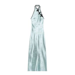MUJER Jacquard Halter Maxi Dress Woman off Shoulder Party Dresses for Women Chinese Knot Long Dress Woman Summer Backless Dress