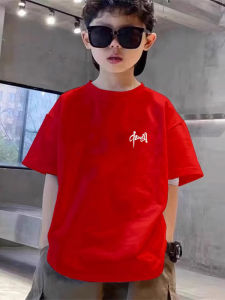 เสื้อยืดแขนสั้นผ้าฝ้ายแท้สำหรับเด็กชายและเด็กผู้หญิง ทรงหลวม คอกลม ลายตัวอักษร สีแดง แฟชั่นฤดูใบไม้ร่วงสำหรับเด็กและเยาวชน