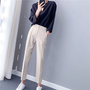 Spring Summer New Pink Womens Straight Leg Nine-Tenths Suit Pants High Waist Slimming Casual Trousers Commute Style Polyester