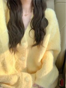 QIAONIAOGE | Soft Yellow Knitted Sweater Coat Womens Autumn Winter Outerwear Loose Thick Cashmere Open Cardigan Comfortable Cotton 100%