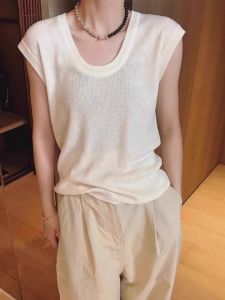 เสื้อกั๊กถักแขนกุดคอวีสีพื้นสำหรับผู้หญิงในช่วงฤดูร้อน ทรงหลวมสบายๆ แขนสั้น ปกติ แขนกุด คอวี แขนกุด แขนสั้น