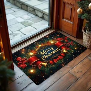VIKAMA Christmas Door Mat Golden Bell Bow Pine Branch Bauble Print Durable Rug For Entryway Hallway Bedroom Home Decor