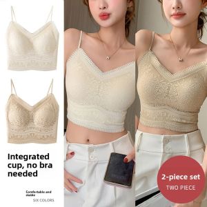 Miiow | Wireless Lace French Strap Womens Bralette Spring Summer Inner Wear Matching Tank Top Seamless Padded Integrated Design