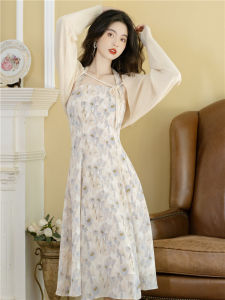 Lãng Mạn Phong Cách Pháp Tea Break Dandelion Đầm Treo Cổ Super Fairy Story High Vòng Eo Tay Lồng Đèn Dáng Chữ A Dài Đầm