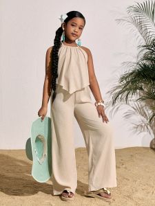 Girls Holiday Casual Solid Color Sleeveless Top and Wide-Leg Pants Set Girls Long Pants Set Childrens Casual Fashion Wide-Leg Pants Clothing Suitable for Ages 8 to 12