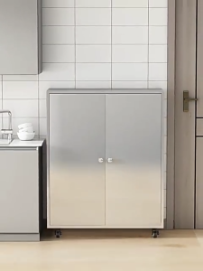 NINI Stainless Steel Pantry Storage Cabinet Large Capacity Double Door Cupboard Kitchen Sideboard Cabinet with Wheels for Home Dining Room