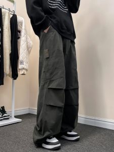 Mens Casual Cotton Work Trousers Wide Leg Straight Cut Spring Autumn Fashion Brand Loose Fit Long Pants Youth Popular Style