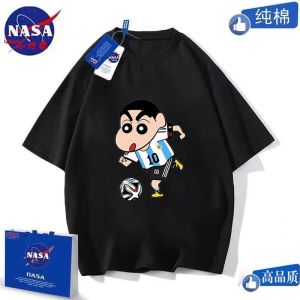 NASA Family of Three Crayons Xiaoxin Football Summer New Arrival Boys and Girls Pure Cotton Short Sleeve Cartoon Print T-shirt Ins