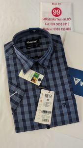 [Việt Tiến] Áo Sơ Mi Ngắn Tay - Regular (Suông) - Vạt Vuông - Kẻ ô màu navy