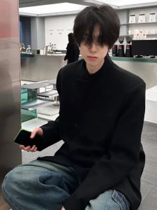 New Chinese Style Pad Shoulder Suit Jacket Mens Loose Fit Stand Collar Autumn Casual Western Wear Classic Flat Collar Buttons