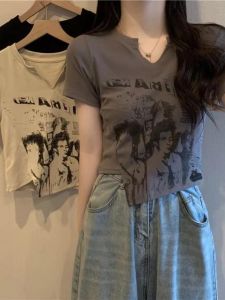 QIANSHUIYIYUN | Vintage Stylish Irregular Hem High Waist Slim Fit Short T-shirt