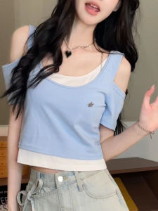 Áo Thun Nữ Tay Ngắn Cổ Tròn Mùa Hè Màu Trơn Thiết Kế Ghép Nối Cổ Chữ U Ngọt Ngào Và Cay Nồng