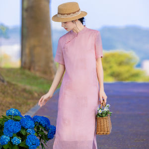 Elegant Embroidered Cotton Linen Cheongsam Dress Floral Print Thin Model Spring Summer New Arrival Womens Midi Skirt Dress