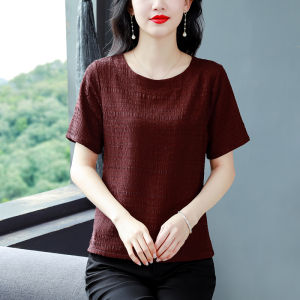 Loose Fit Silk  Short Sleeve Shirt Womens Overhead Summer Fashionable Top Mommy Casual Wear Polyester Fiber T-Shirt