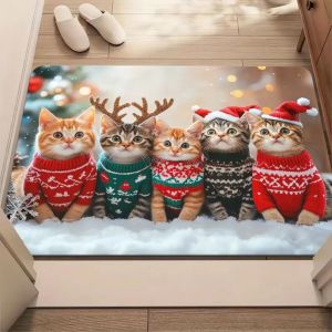 1Pc Christmas Cute Cat Print Doormat Non-Slip Microfiber Polyester Rug Machine Washable For Home Entryway Bedroom Living Room