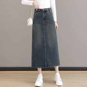 High Waist Mid-Length Denim Skirt Womens Spring Autumn New Style Back Split One Step Skirt A-Line Cotton Polyester Blend
