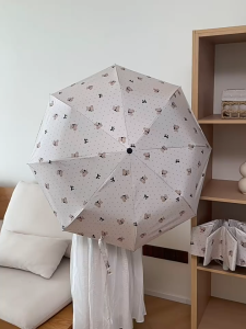 Korean Style Bear Polka Dot Umbrella Anti-UV Folding Sun Rain Parasol Compact for Daily Commute