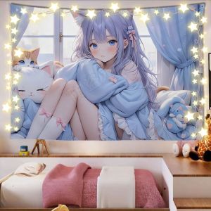 VIKAMA Purple Hair Cat Ear Girl Cat Tapestry Japanese anime Luoli Cute Cat Animation Background Cloth Warm Tapestry Room Decor
