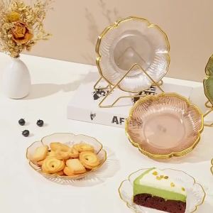 NEW Clear Plastic Dessert Plates Gold Rim Flower Design For Afternoon Tea Snack Cake Daily Use