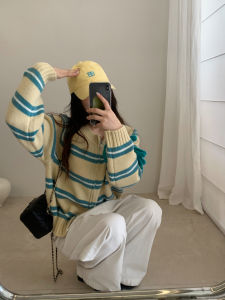 Korean Style Striped Zipper Knitted Jacket Short Sleeve Long Zipper Outerwear Color Block Sweater Autumn New Arrival for Women