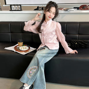 New Chinese Style Childrens Outfit Spring Autumn Girls Big Size Jeans with Button Detail Traditional Cheongsam for Kids
