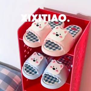 WY-XIXITIAO ins Style One-Word Summer Student Color-Contrast Check Bathroom Slippers Home Cute White Dog Female Personality Slippers