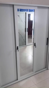 3-door sliding steel wardrobe with 2 hanging rods 1 lockable cabinet and a full-length mirror clothes