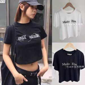 Main Kim Embroidered Letter Spring Summer Cotton Short Sleeve Womens round Neck Basic Fit T-Shirt Korean Simple Casual Top