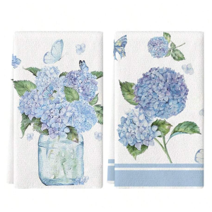 2Pcs Blue Hydrangea Kitchen Towels 40Cm*60Cm Towel Set Super Absorbent Soft Cleaning Cloth Cooking and Baking Tea Towel Hand Towel Cleaning Cloth Dishcloth Kitchen Decoration Living Room Decorations Kitchen Essentials Home Essentials