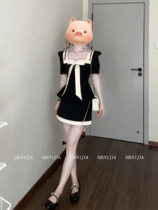 Slimming High Waist Short Skirt Set Womens Sweet Style French Black White Contrast Color Square Collar Short Sleeve Top