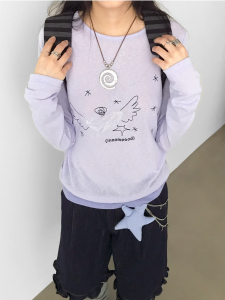 Innomoood Silent Whale Hand-Painted Wing Embroidery Design Thin Versatile T-Shirt Spring Summer Cotton Polyester Blend Long Sleeve round Neck